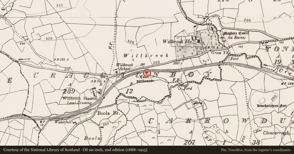 Ordnance Survey six-inch map, 2nd edition (1888–1915) covering the location of Ritual site - holy well, Craggaunboy, County Clare, with a pin at the register's coordinates