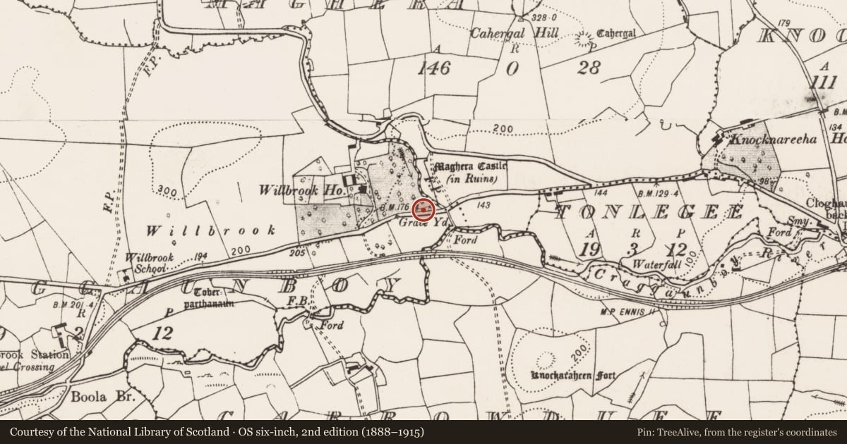 Ordnance Survey six-inch map, 2nd edition (1888–1915) covering the location of Burial ground, Craggaunboy, County Clare, with a pin at the register's coordinates