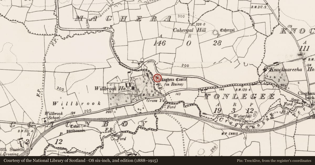 Ordnance Survey six-inch map, 2nd edition (1888–1915) covering the location of Church, Maghera, County Clare, with a pin at the register's coordinates