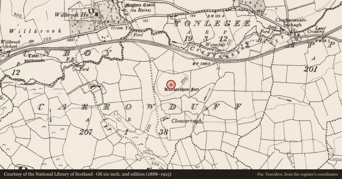 Ordnance Survey six-inch map, 2nd edition (1888–1915) covering the location of Enclosure, Carrowduff, County Clare, with a pin at the register's coordinates