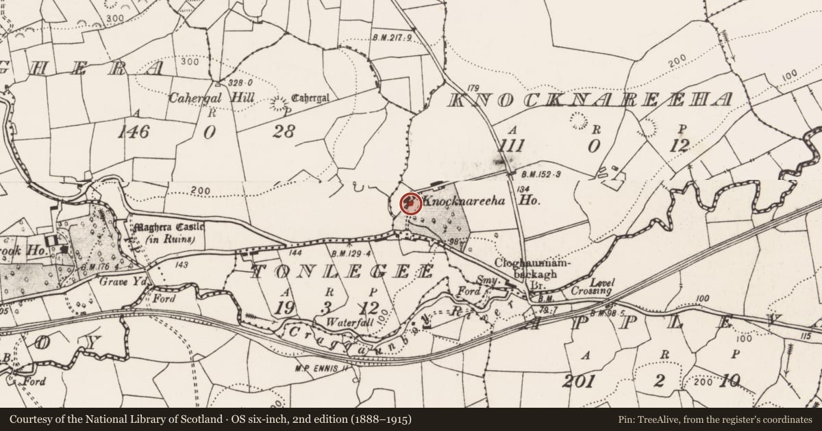 Ordnance Survey six-inch map, 2nd edition (1888–1915) covering the location of House - 16th/17th century, Knocknareeha, County Clare, with a pin at the register's coordinates