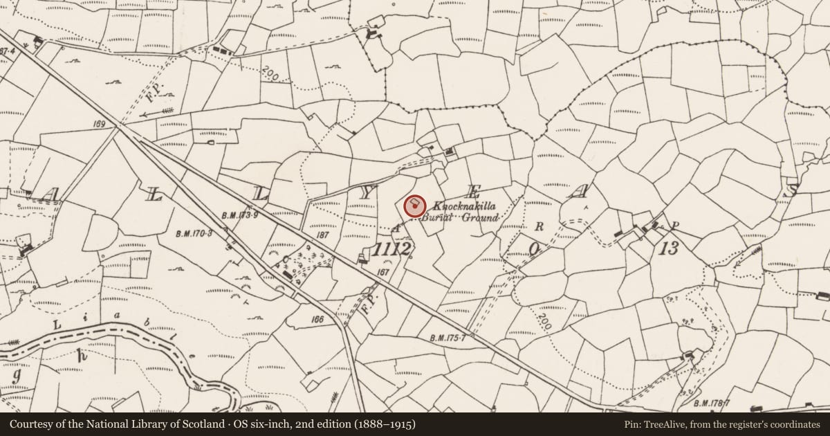 Ordnance Survey six-inch map, 2nd edition (1888–1915) covering the location of Burial ground, Ballyea South, County Clare, with a pin at the register's coordinates