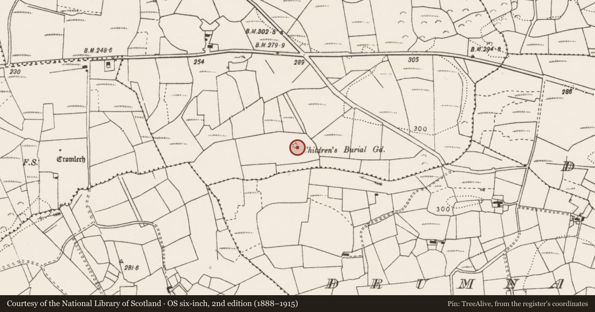 Ordnance Survey six-inch map, 2nd edition (1888–1915) covering the location of Children's burial ground, Gortbofarna, County Clare, with a pin at the register's coordinates