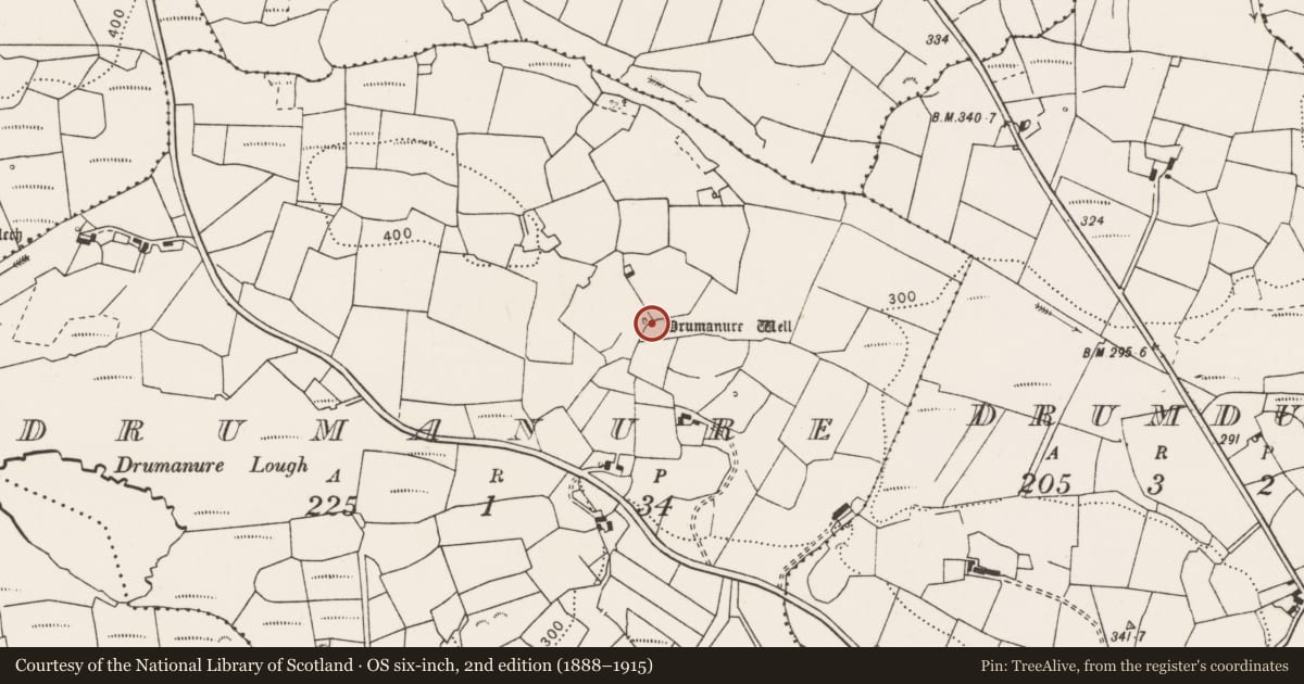 Ordnance Survey six-inch map, 2nd edition (1888–1915) covering the location of Ritual site - holy well, Drumanure, County Clare, with a pin at the register's coordinates