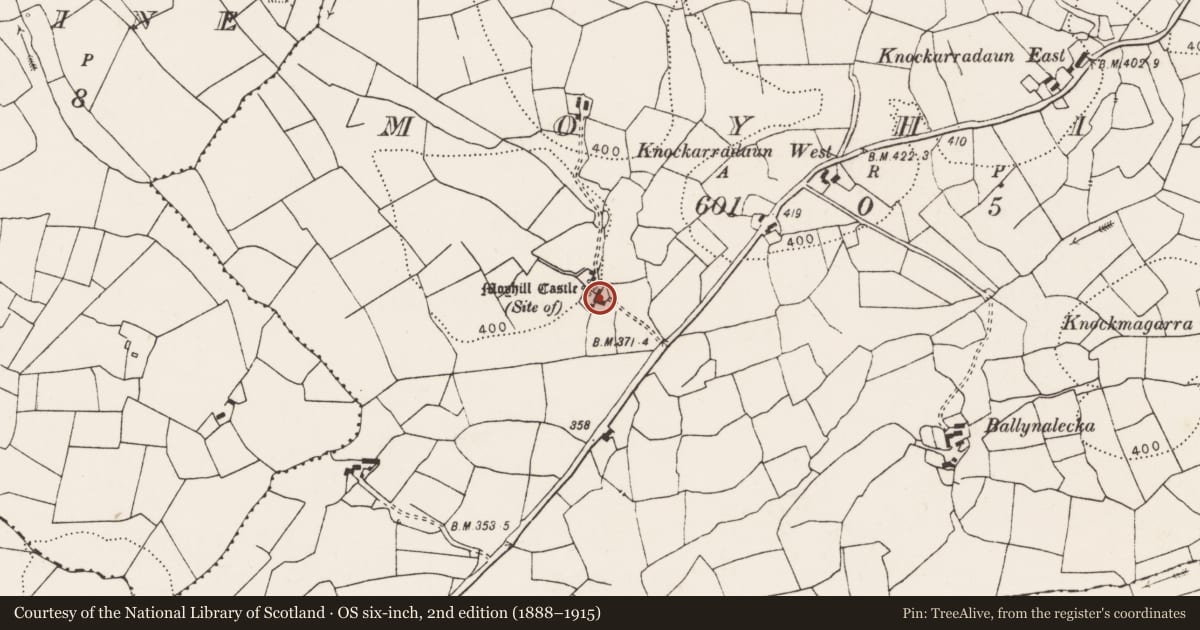 Ordnance Survey six-inch map, 2nd edition (1888–1915) covering the location of Castle - unclassified, Moyhill, County Clare, with a pin at the register's coordinates