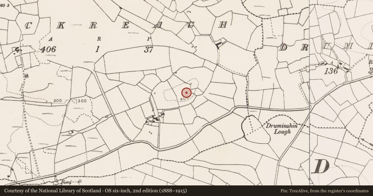 Ordnance Survey six-inch map, 2nd edition (1888–1915) covering the location of Enclosure, Knockreagh, County Clare, with a pin at the register's coordinates