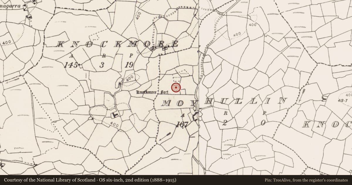 Ordnance Survey six-inch map, 2nd edition (1888–1915) covering the location of Ringfort - rath, Moyhullin, County Clare, with a pin at the register's coordinates