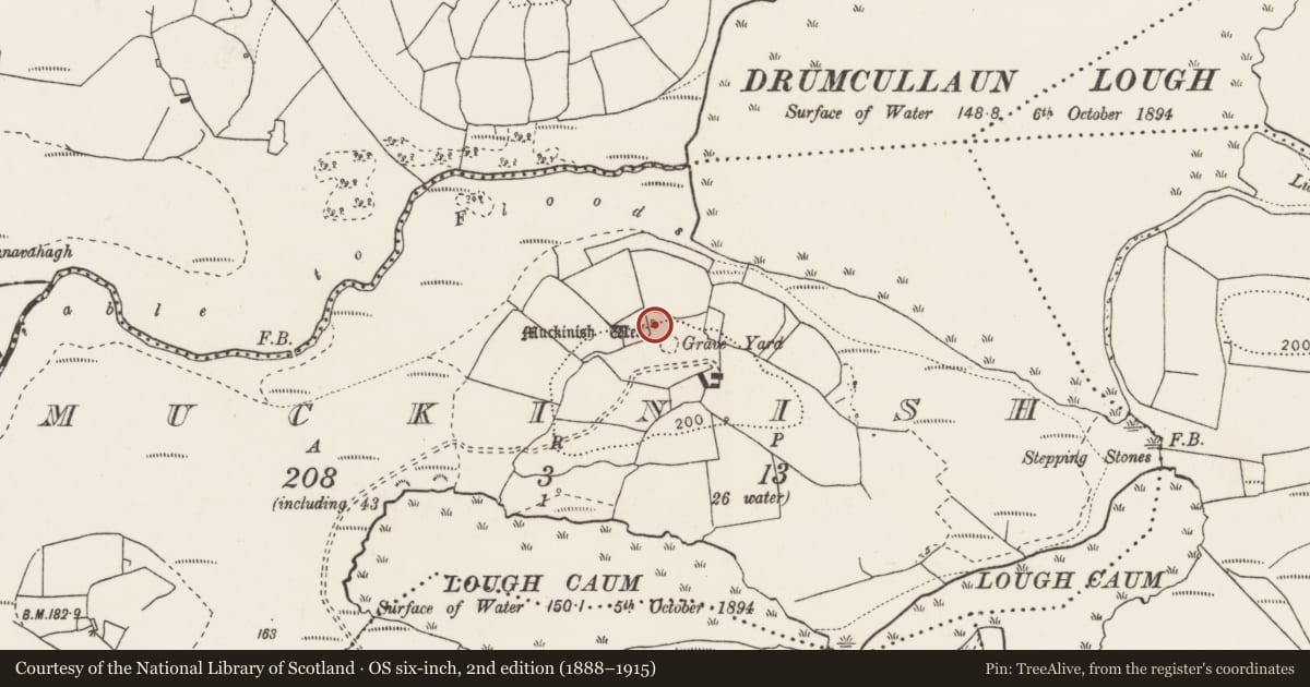 Ordnance Survey six-inch map, 2nd edition (1888–1915) covering the location of Ritual site - holy well, Muckinish, County Clare, with a pin at the register's coordinates