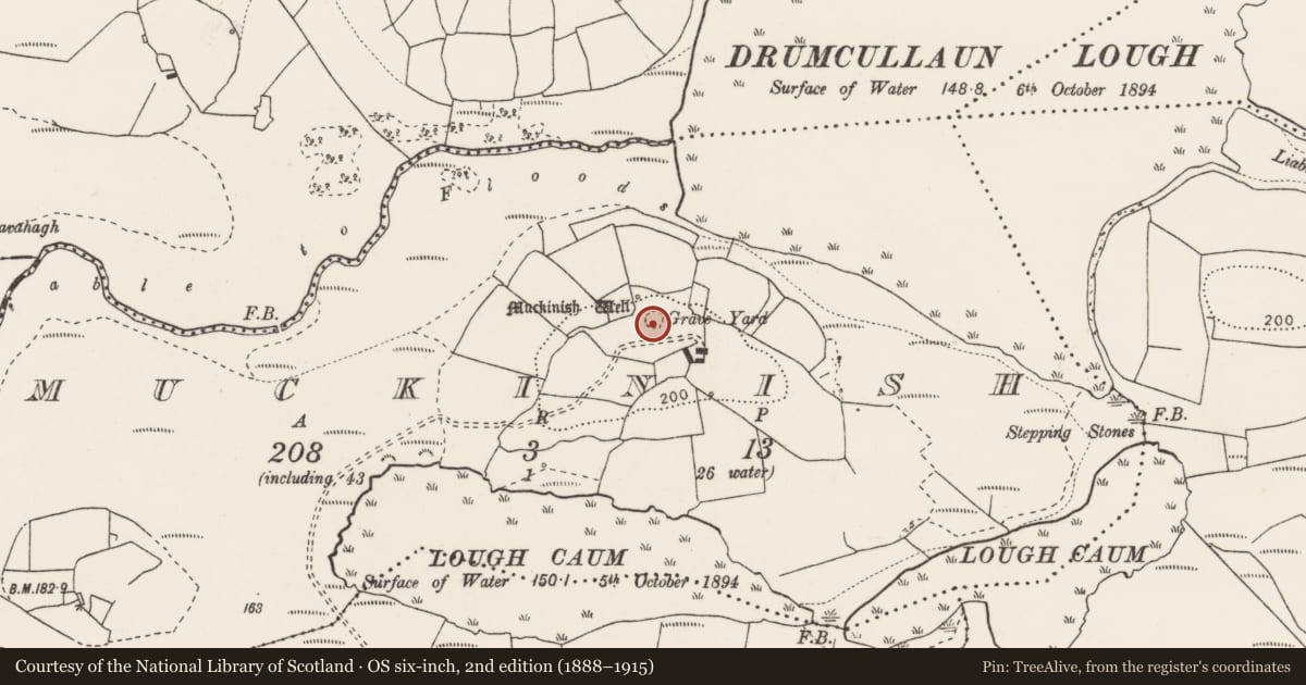 Ordnance Survey six-inch map, 2nd edition (1888–1915) covering the location of Children's burial ground, Muckinish, County Clare, with a pin at the register's coordinates