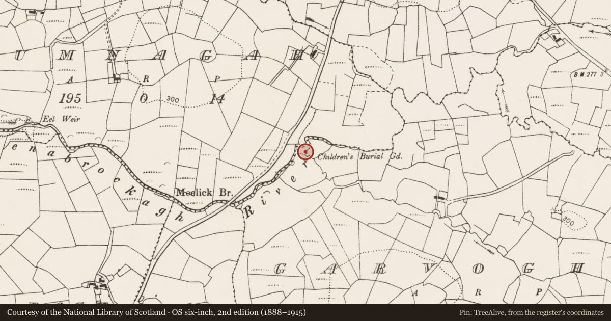 Ordnance Survey six-inch map, 2nd edition (1888–1915) covering the location of Burial ground, Garvoghil, County Clare, with a pin at the register's coordinates