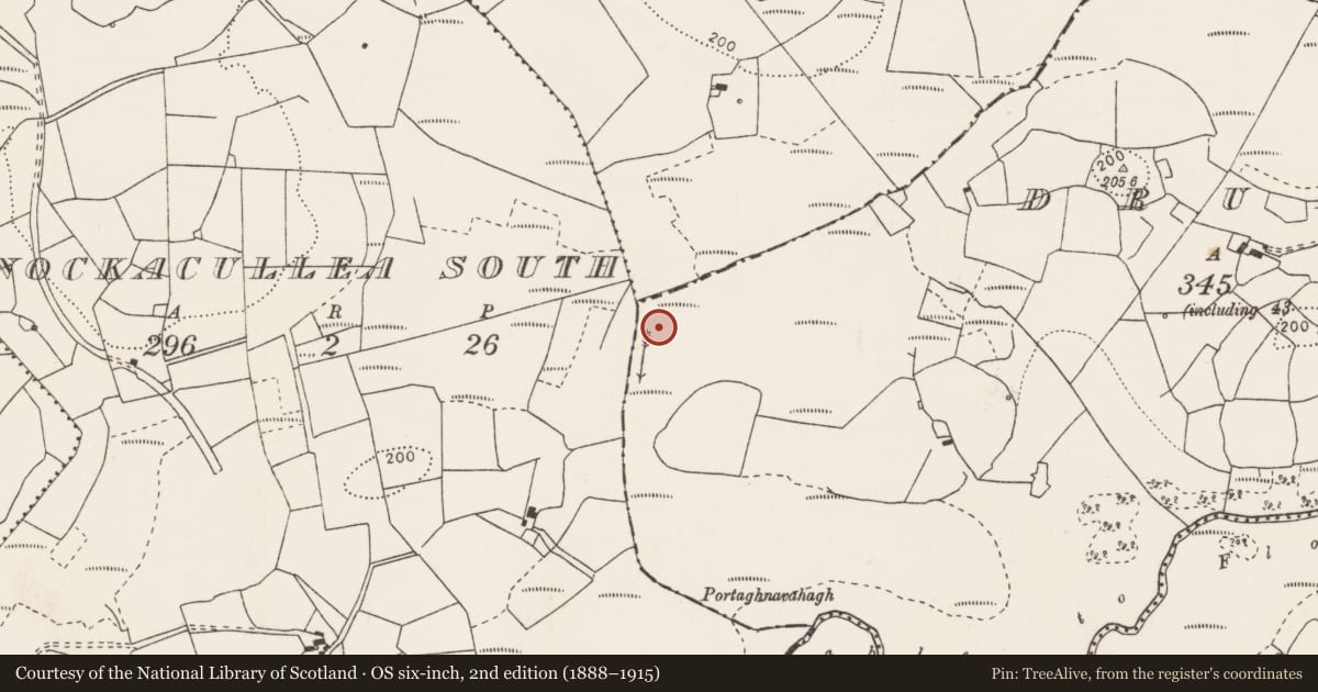 Ordnance Survey six-inch map, 2nd edition (1888–1915) covering the location of Post row - peatland, Drumcullaun, County Clare, with a pin at the register's coordinates