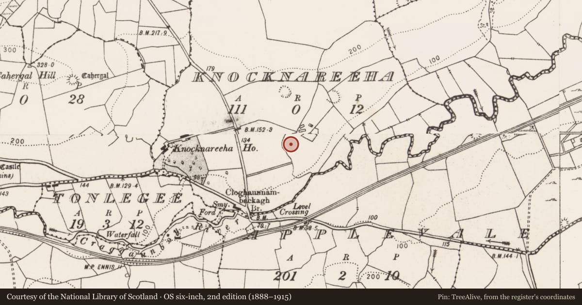 Ordnance Survey six-inch map, 2nd edition (1888–1915) covering the location of Standing stone, Knocknareeha, County Clare, with a pin at the register's coordinates