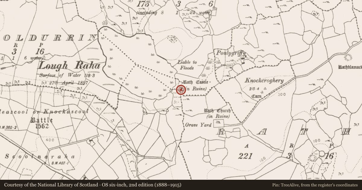 Ordnance Survey six-inch map, 2nd edition (1888–1915) covering the location of Castle - tower house, Rath, County Clare, with a pin at the register's coordinates