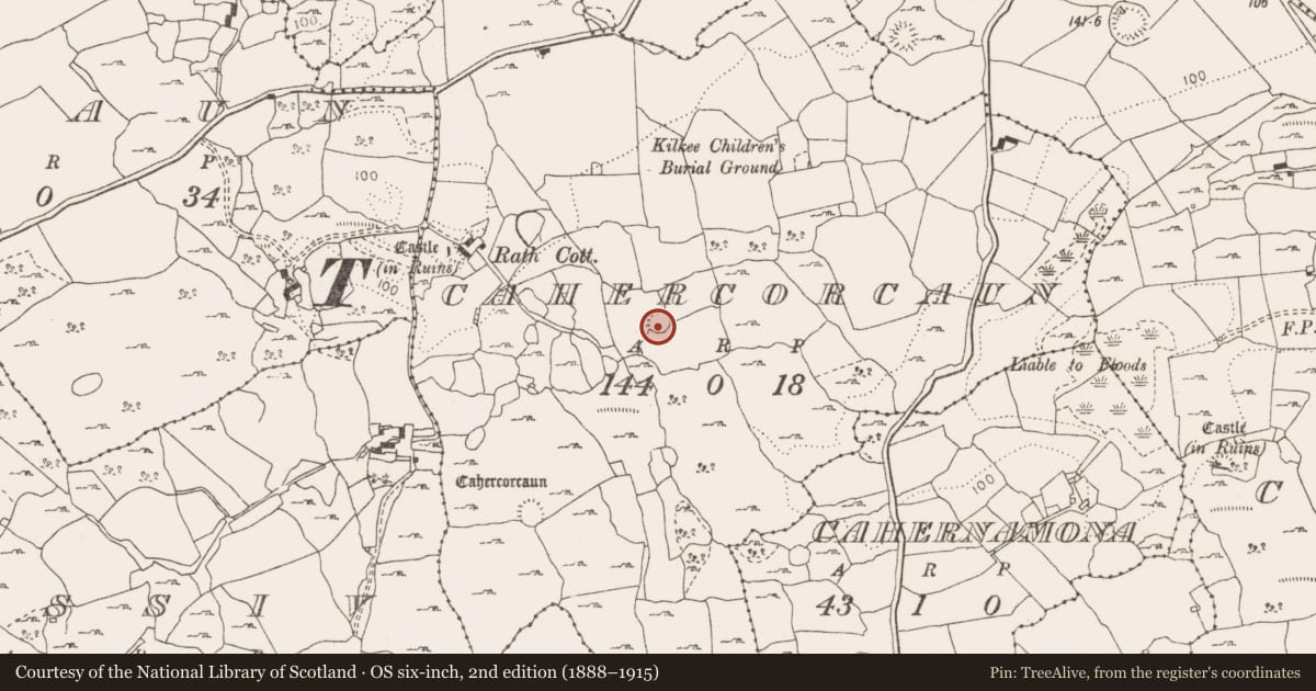 Ordnance Survey six-inch map, 2nd edition (1888–1915) covering the location of Enclosure, Cahercorcaun, County Clare, with a pin at the register's coordinates