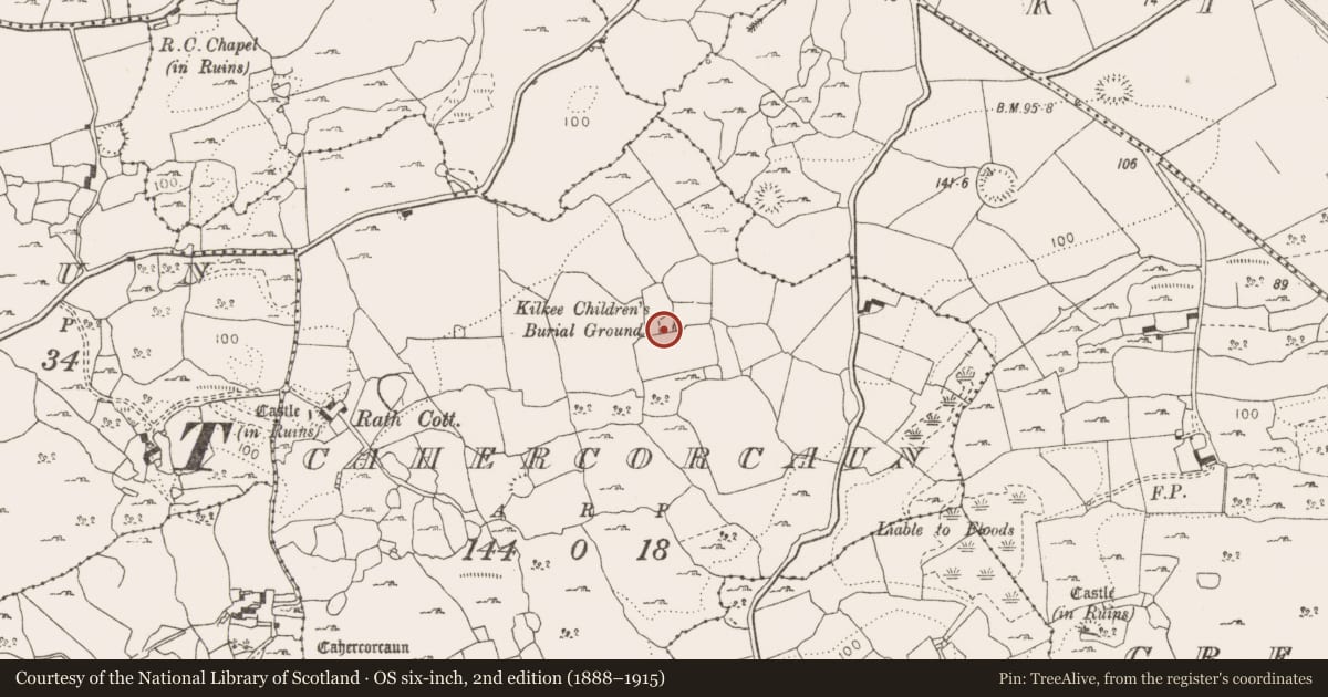 Ordnance Survey six-inch map, 2nd edition (1888–1915) covering the location of Children's burial ground, Cahercorcaun, County Clare, with a pin at the register's coordinates