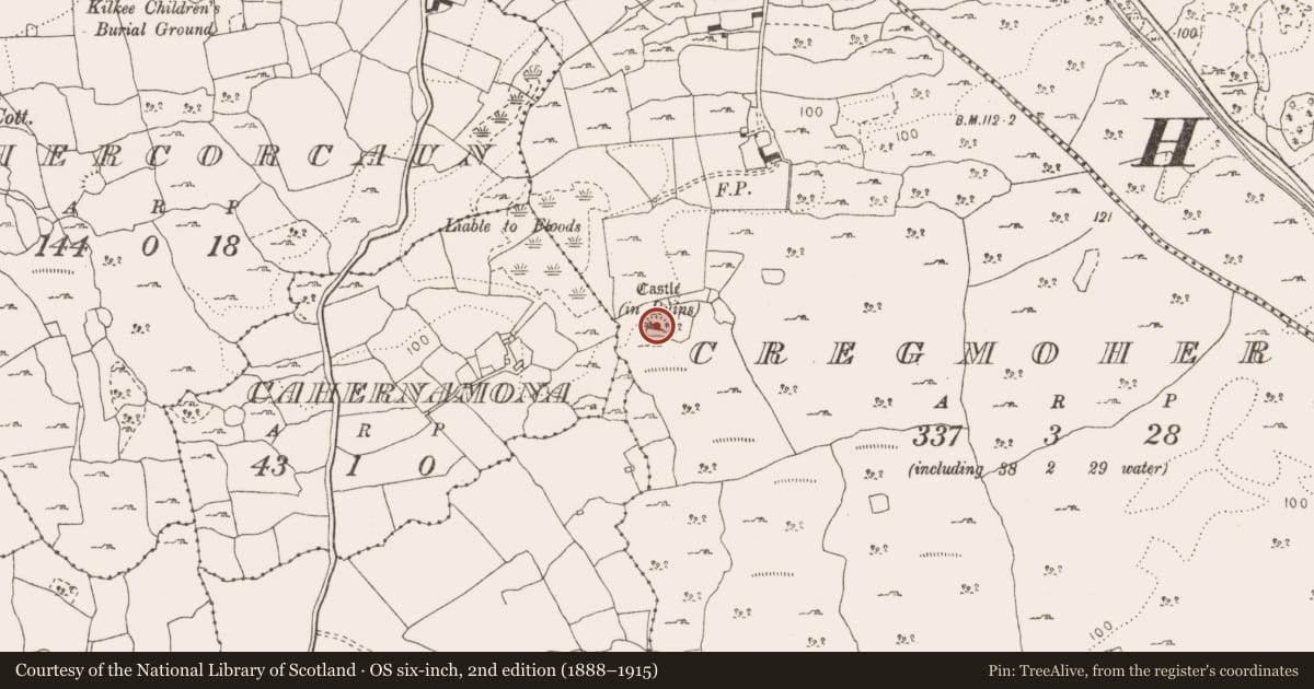 Ordnance Survey six-inch map, 2nd edition (1888–1915) covering the location of Bawn, Cregmoher, County Clare, with a pin at the register's coordinates