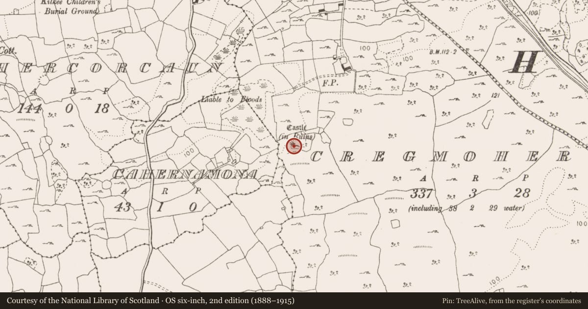 Ordnance Survey six-inch map, 2nd edition (1888–1915) covering the location of Bawn, Cregmoher, County Clare, with a pin at the register's coordinates