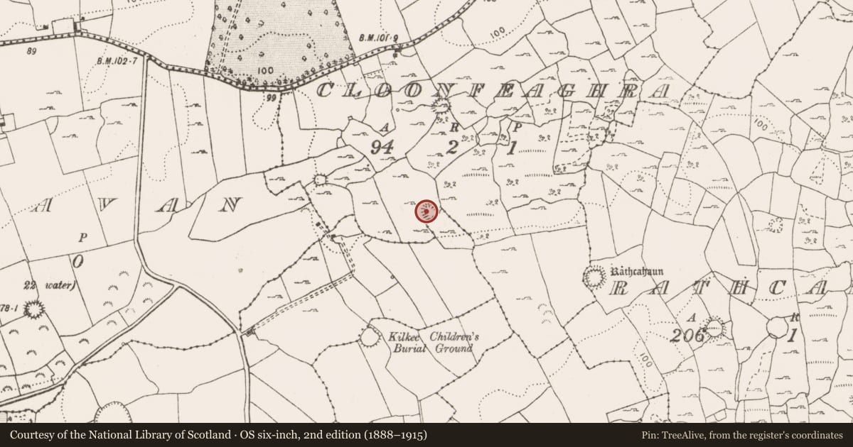 Ordnance Survey six-inch map, 2nd edition (1888–1915) covering the location of Earthwork, Cloonfeaghra, County Clare, with a pin at the register's coordinates