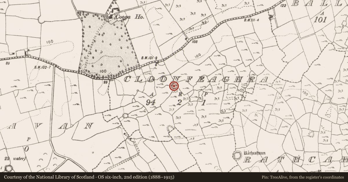 Ordnance Survey six-inch map, 2nd edition (1888–1915) covering the location of Enclosure, Cloonfeaghra, County Clare, with a pin at the register's coordinates