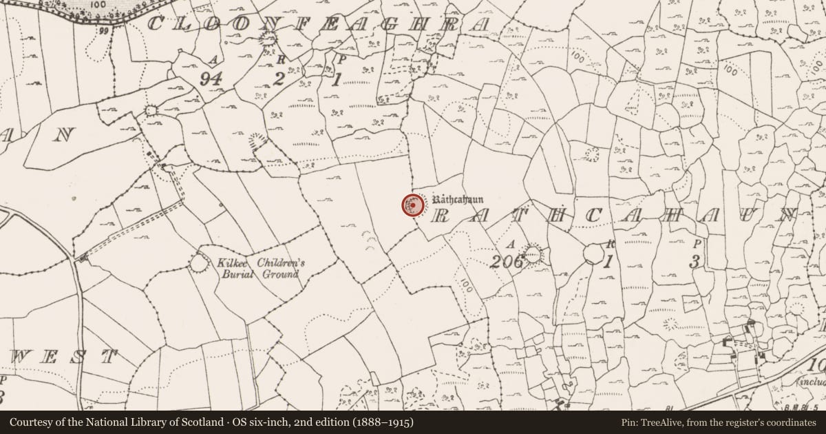 Ordnance Survey six-inch map, 2nd edition (1888–1915) covering the location of Ringfort - rath, Rathcahaun, County Clare, with a pin at the register's coordinates