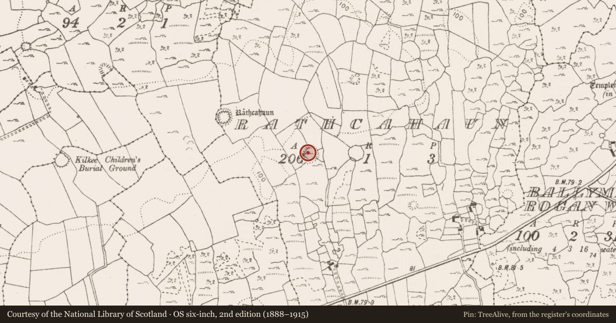 Ordnance Survey six-inch map, 2nd edition (1888–1915) covering the location of Ringfort - cashel, Rathcahaun, County Clare, with a pin at the register's coordinates