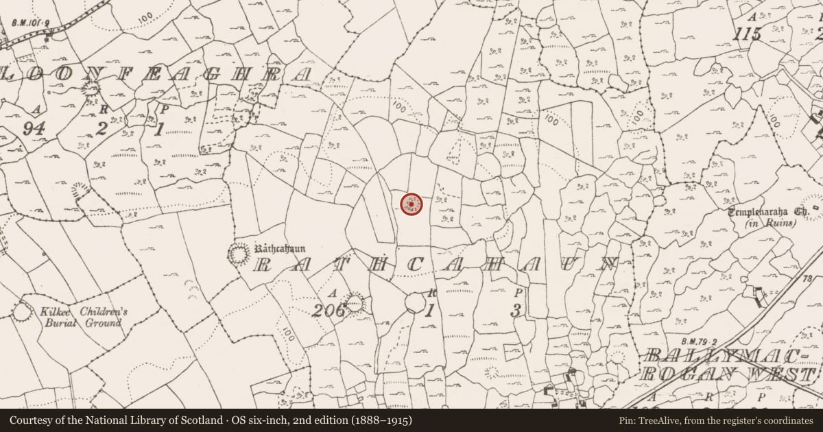 Ordnance Survey six-inch map, 2nd edition (1888–1915) covering the location of Enclosure, Rathcahaun, County Clare, with a pin at the register's coordinates
