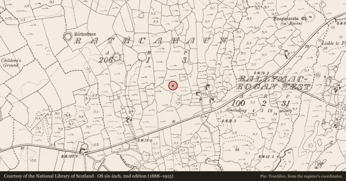 Ordnance Survey six-inch map, 2nd edition (1888–1915) covering the location of Earthwork, Rathcahaun, County Clare, with a pin at the register's coordinates