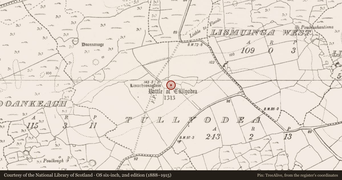 Ordnance Survey six-inch map, 2nd edition (1888–1915) covering the location of House - indeterminate date, Tullyodea, County Clare, with a pin at the register's coordinates