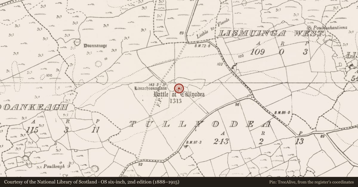 Ordnance Survey six-inch map, 2nd edition (1888–1915) covering the location of House - indeterminate date, Tullyodea, County Clare, with a pin at the register's coordinates