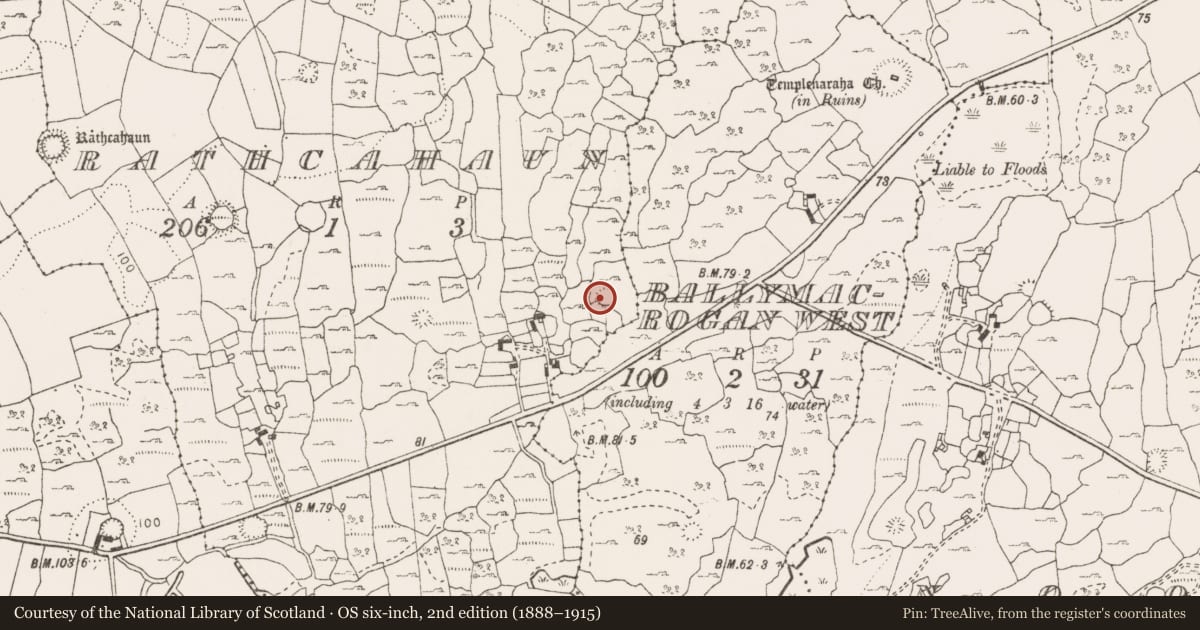 Ordnance Survey six-inch map, 2nd edition (1888–1915) covering the location of Enclosure, Rathcahaun, County Clare, with a pin at the register's coordinates