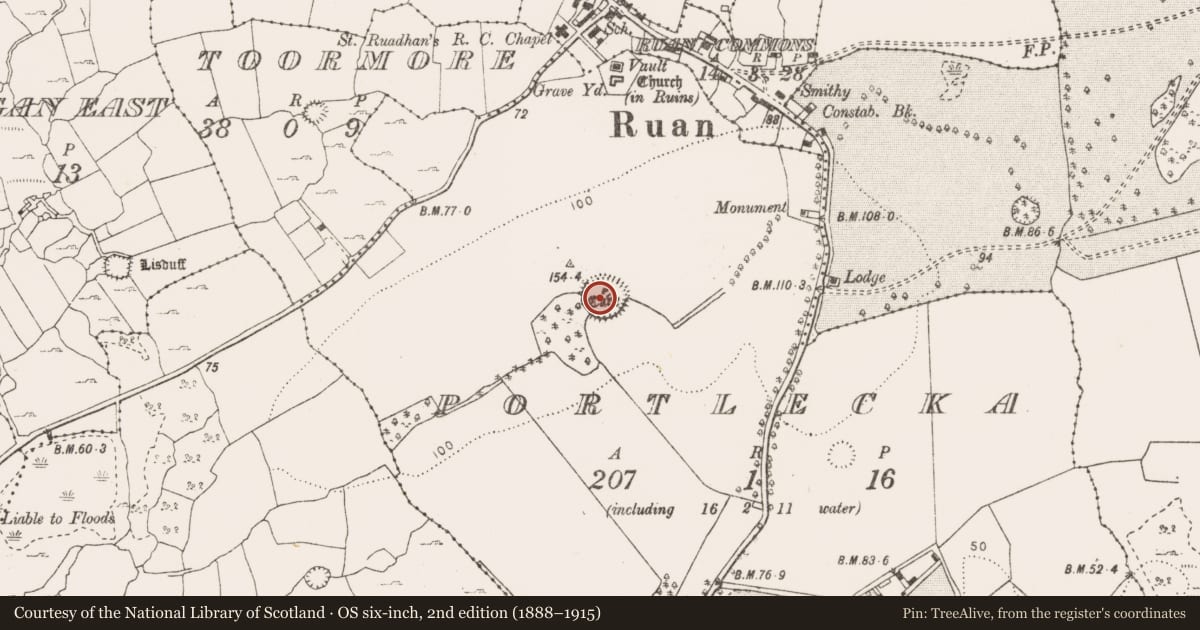 Ordnance Survey six-inch map, 2nd edition (1888–1915) covering the location of Ringfort - cashel, Portlecka, County Clare, with a pin at the register's coordinates