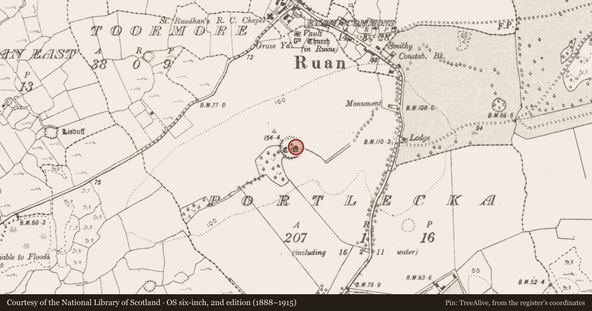 Ordnance Survey six-inch map, 2nd edition (1888–1915) covering the location of Souterrain, Portlecka, County Clare, with a pin at the register's coordinates