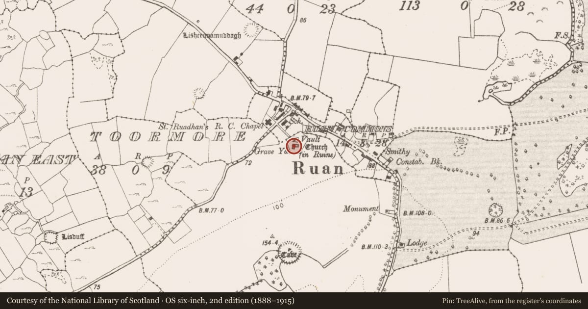 Ordnance Survey six-inch map, 2nd edition (1888–1915) covering the location of Church, Portlecka, County Clare, with a pin at the register's coordinates
