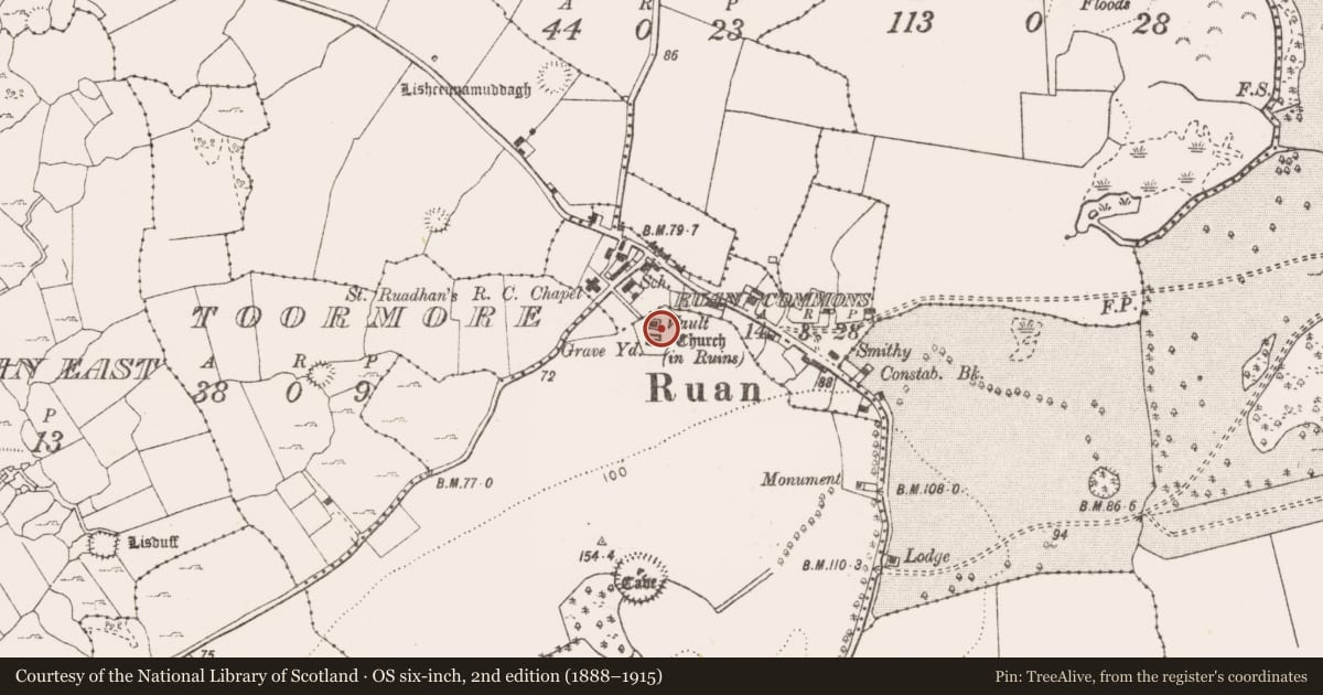 Ordnance Survey six-inch map, 2nd edition (1888–1915) covering the location of Graveyard, Portlecka, County Clare, with a pin at the register's coordinates