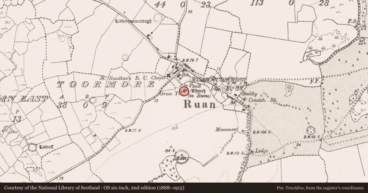 Ordnance Survey six-inch map, 2nd edition (1888–1915) covering the location of Wall monument, Portlecka, County Clare, with a pin at the register's coordinates