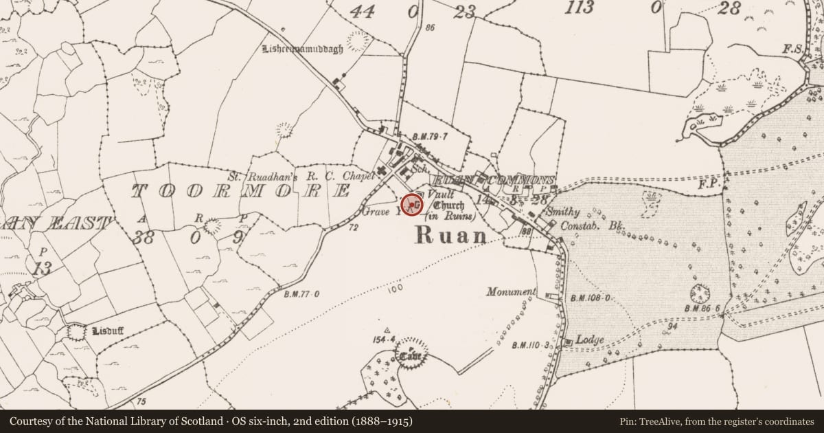 Ordnance Survey six-inch map, 2nd edition (1888–1915) covering the location of Tomb - chest tomb, Portlecka, County Clare, with a pin at the register's coordinates