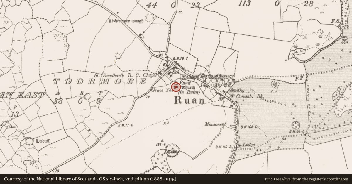 Ordnance Survey six-inch map, 2nd edition (1888–1915) covering the location of Graveslab, Portlecka, County Clare, with a pin at the register's coordinates