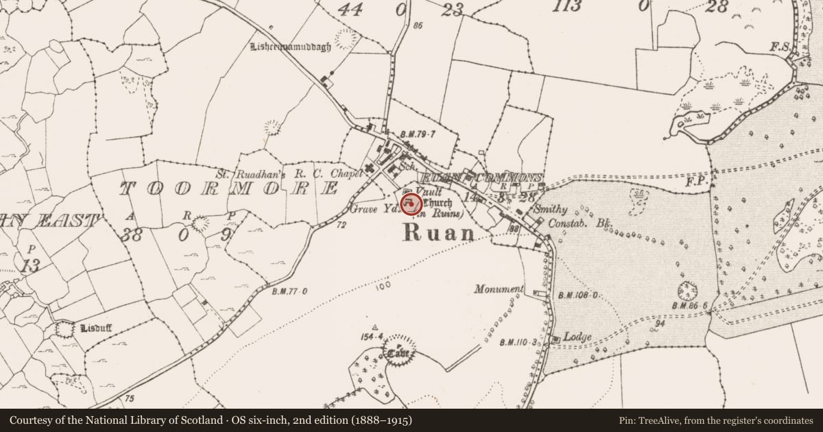 Ordnance Survey six-inch map, 2nd edition (1888–1915) covering the location of Graveslab, Portlecka, County Clare, with a pin at the register's coordinates