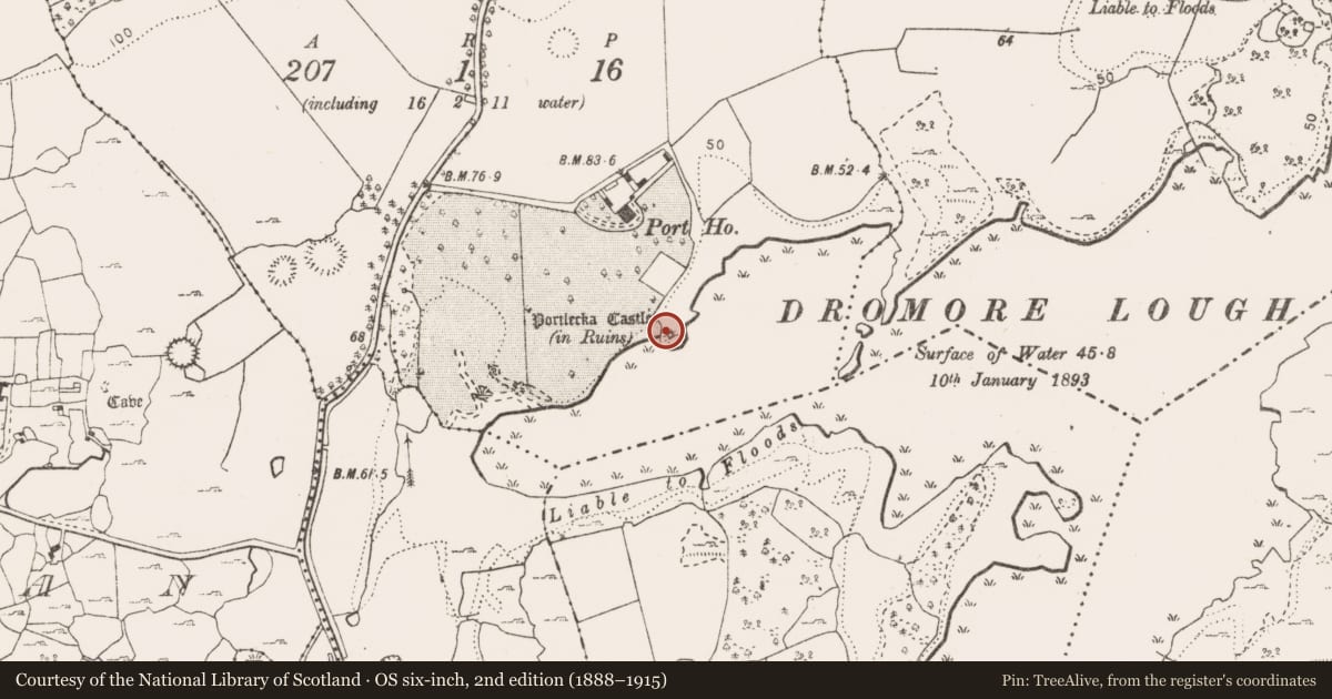 Ordnance Survey six-inch map, 2nd edition (1888–1915) covering the location of Crannog, Portlecka, County Clare, with a pin at the register's coordinates