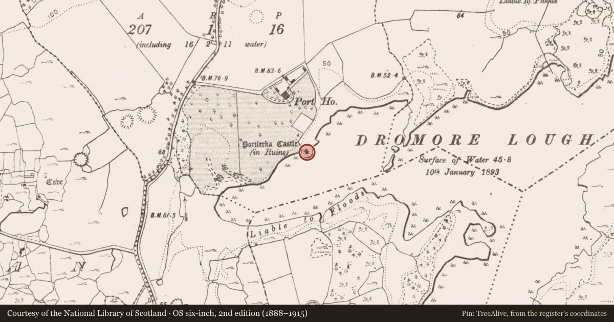 Ordnance Survey six-inch map, 2nd edition (1888–1915) covering the location of Castle - tower house, Portlecka, County Clare, with a pin at the register's coordinates