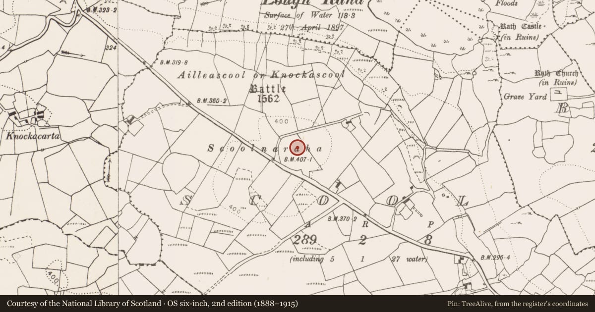 Ordnance Survey six-inch map, 2nd edition (1888–1915) covering the location of Mound, Scool, County Clare, with a pin at the register's coordinates