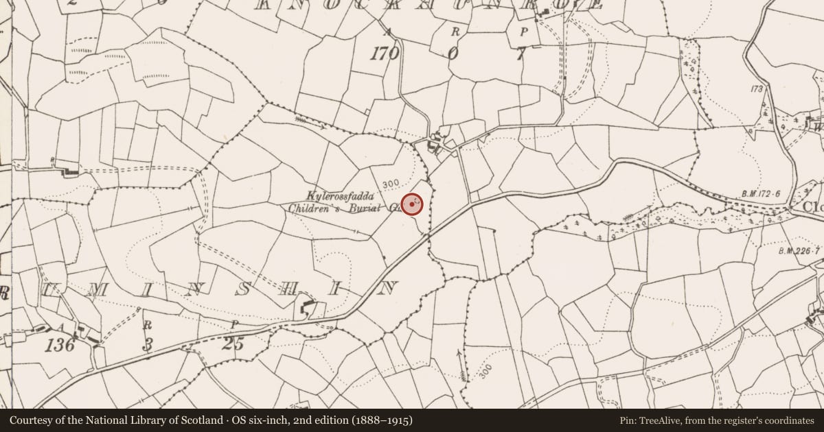 Ordnance Survey six-inch map, 2nd edition (1888–1915) covering the location of Children's burial ground, Druminshin, County Clare, with a pin at the register's coordinates