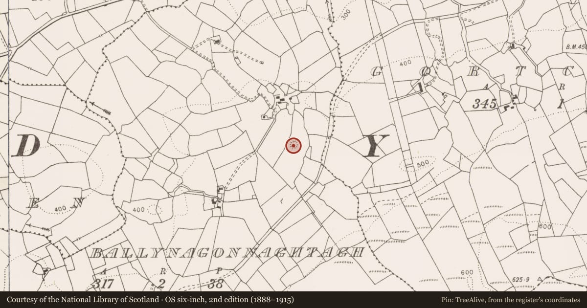 Ordnance Survey six-inch map, 2nd edition (1888–1915) covering the location of Barrow - ring-barrow, Ballynagonnaghtagh, County Clare, with a pin at the register's coordinates