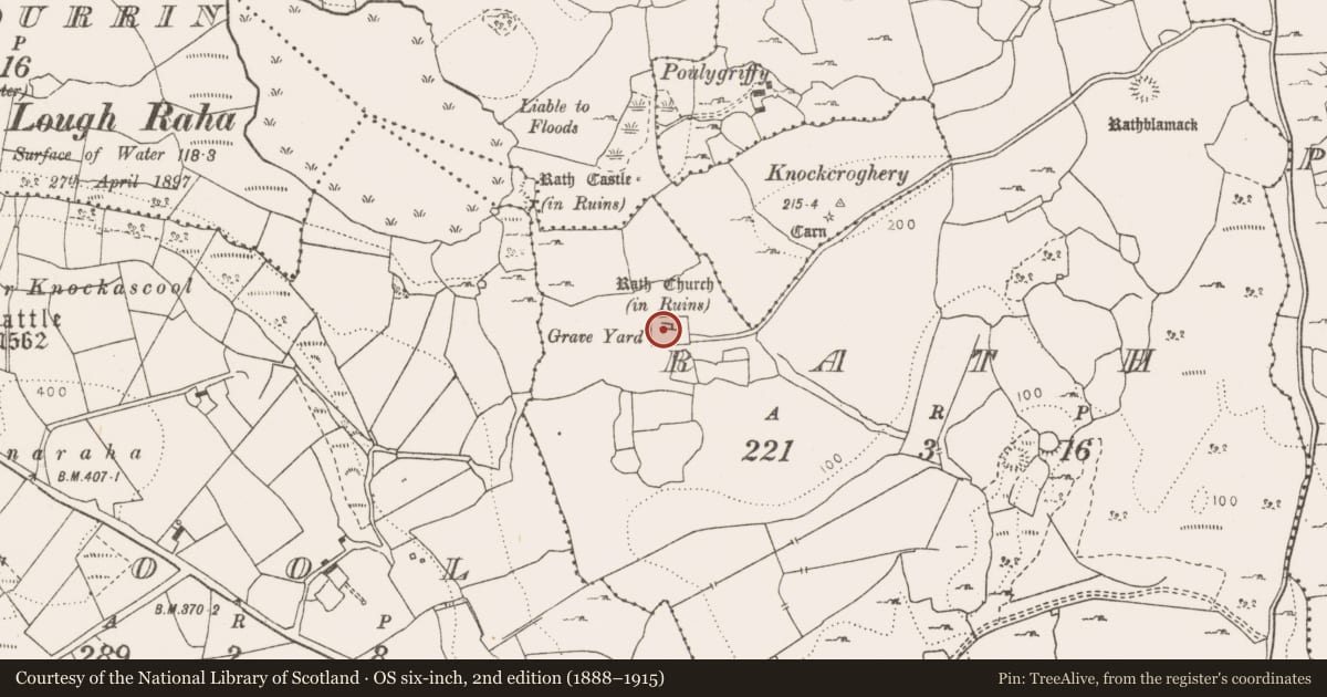 Ordnance Survey six-inch map, 2nd edition (1888–1915) covering the location of Church, Rath, County Clare, with a pin at the register's coordinates