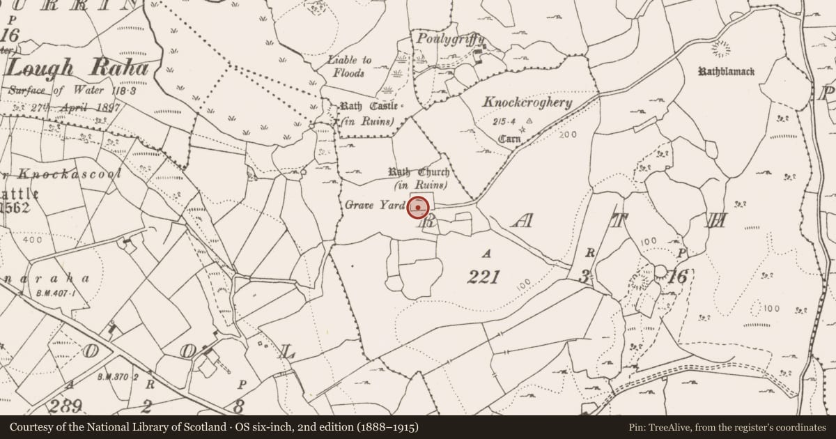 Ordnance Survey six-inch map, 2nd edition (1888–1915) covering the location of Graveyard, Rath, County Clare, with a pin at the register's coordinates