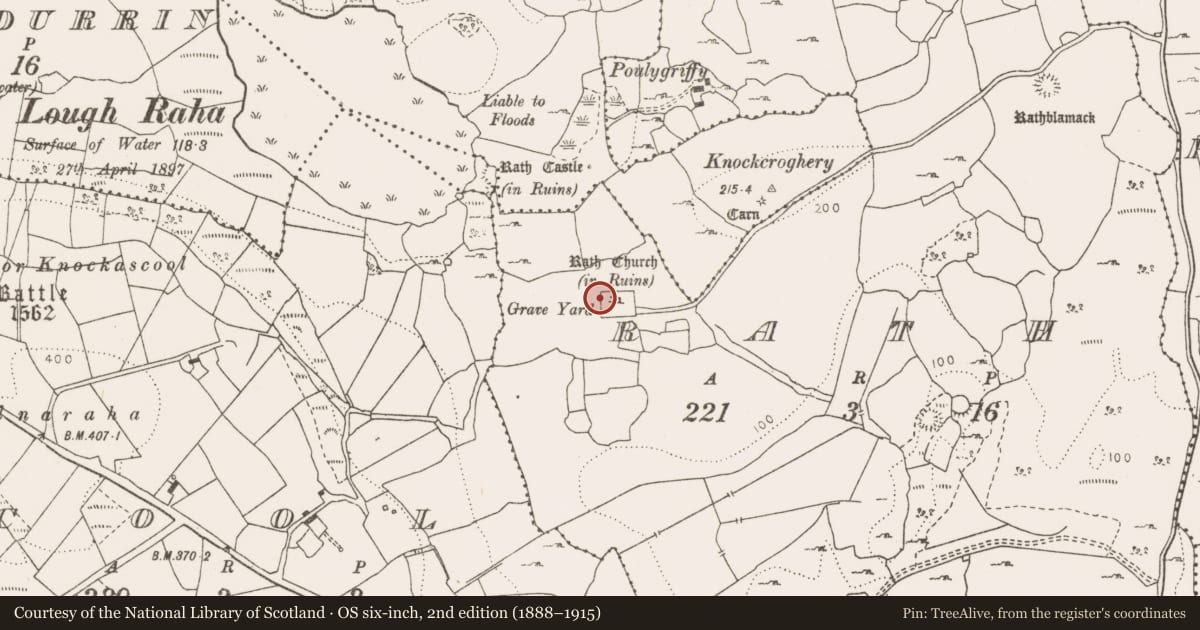 Ordnance Survey six-inch map, 2nd edition (1888–1915) covering the location of Round tower, Rath, County Clare, with a pin at the register's coordinates