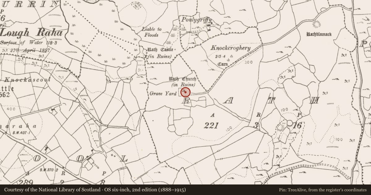 Ordnance Survey six-inch map, 2nd edition (1888–1915) covering the location of Sheela-na-gig, Rath, County Clare, with a pin at the register's coordinates