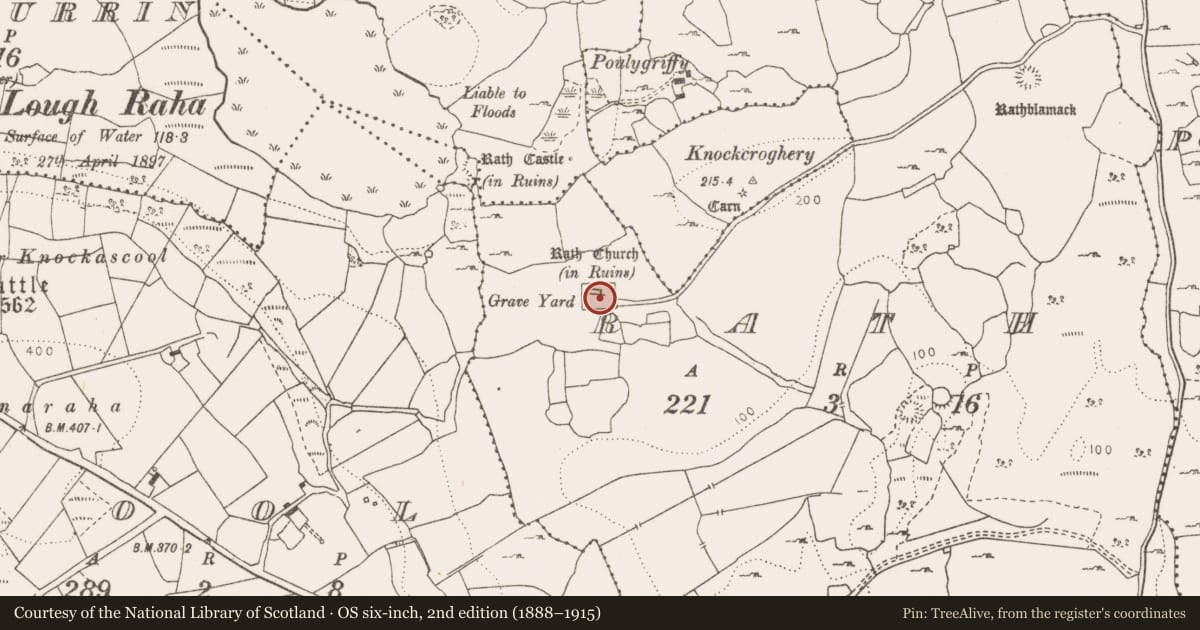 Ordnance Survey six-inch map, 2nd edition (1888–1915) covering the location of Graveslab, Rath, County Clare, with a pin at the register's coordinates