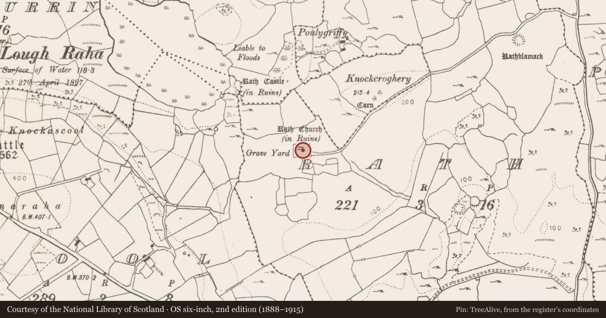 Ordnance Survey six-inch map, 2nd edition (1888–1915) covering the location of Graveslab, Rath, County Clare, with a pin at the register's coordinates