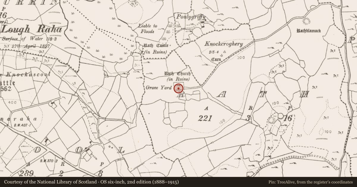 Ordnance Survey six-inch map, 2nd edition (1888–1915) covering the location of Memorial stone, Rath, County Clare, with a pin at the register's coordinates